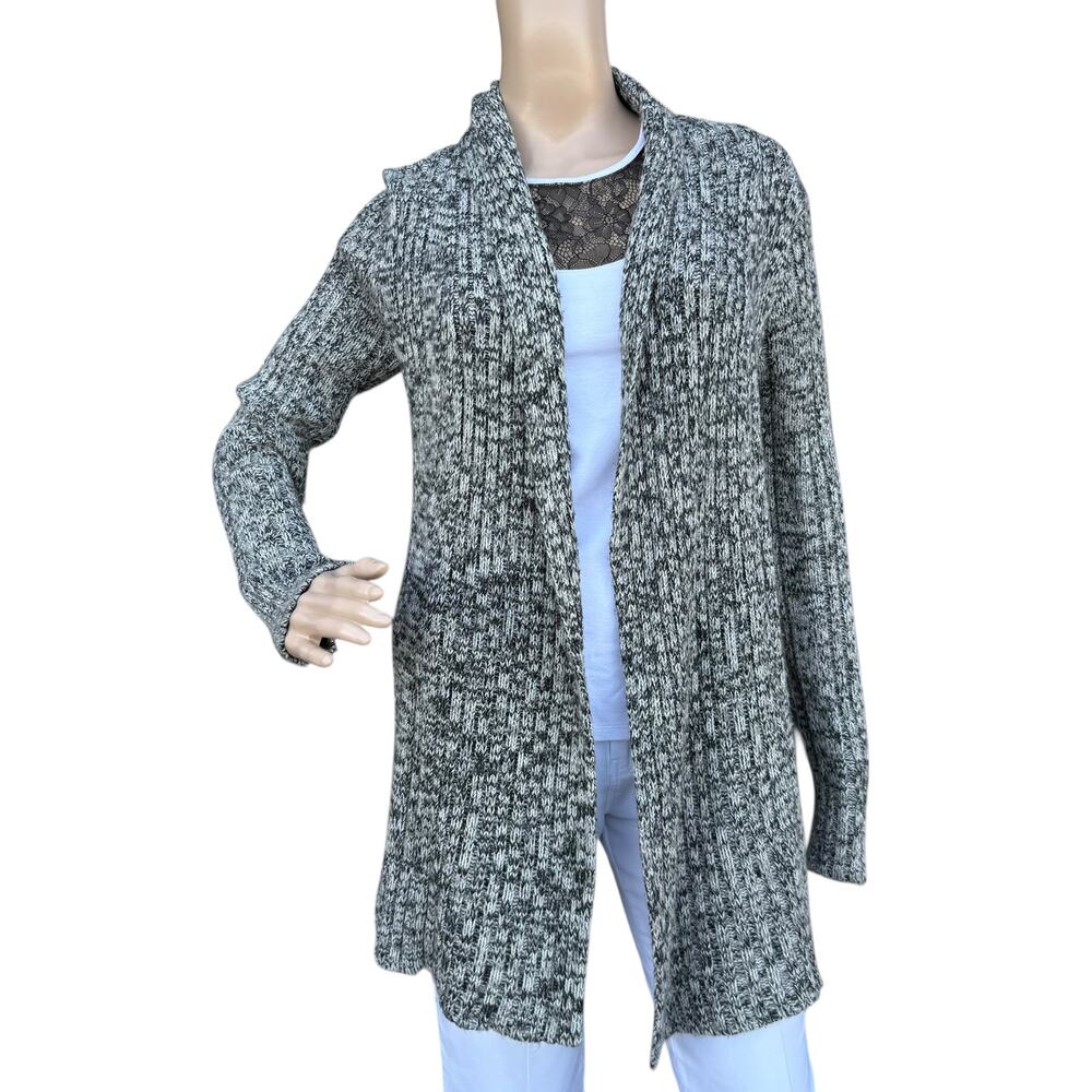 DRESSBARN Heathered Gray Black Ribbed Chunky Knit Open Shawl Cardigan Sweater M